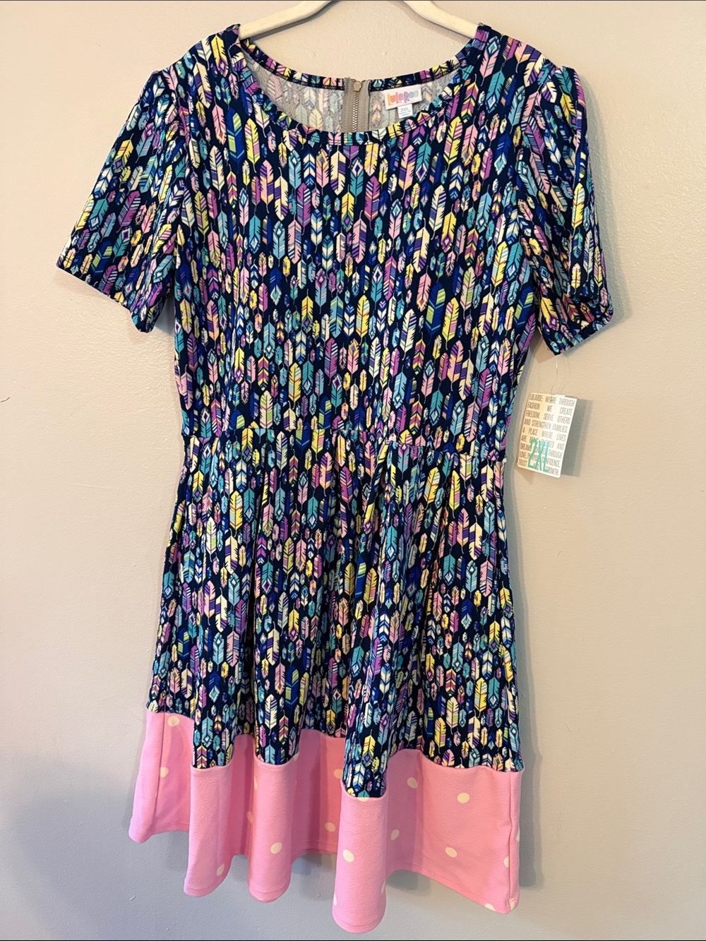 LuLaRoe Navy Multicolor Feather Print Midi Dress with Pink Polka Dot Hem